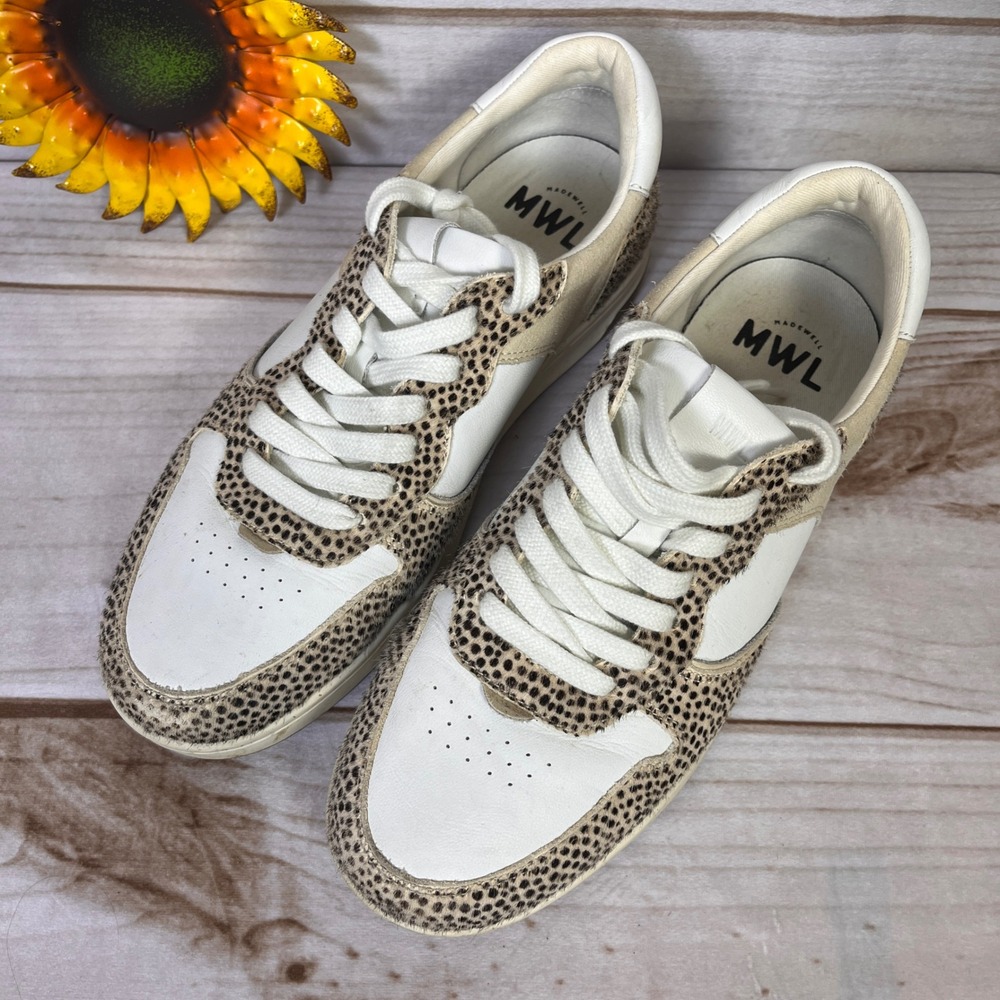 Madewell MWL Court Sneakers‎ Womens 9 White Leather Cheetah Calf Hair Suede Tan